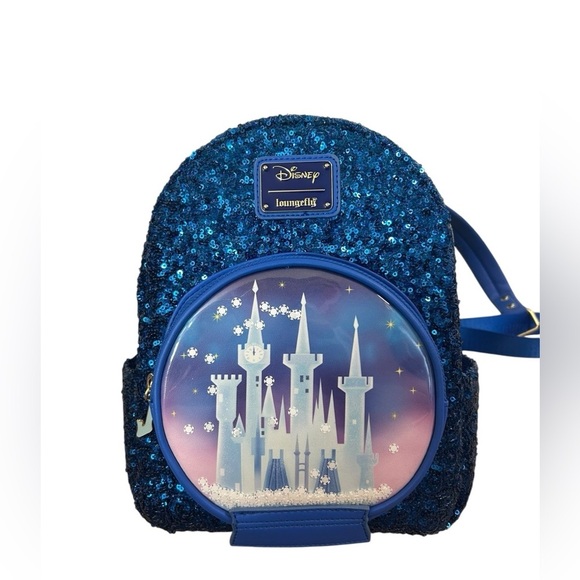 Loungefly Handbags - Loungefly Disney Blue Sequin Snow Globe Cinderella Mini Backpack Shoe Charm